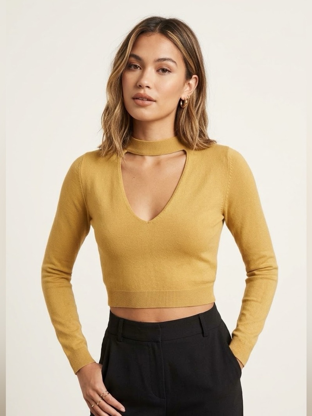 Forever 21 Mustard Cutout V-Neck Cropped Sweater - Women